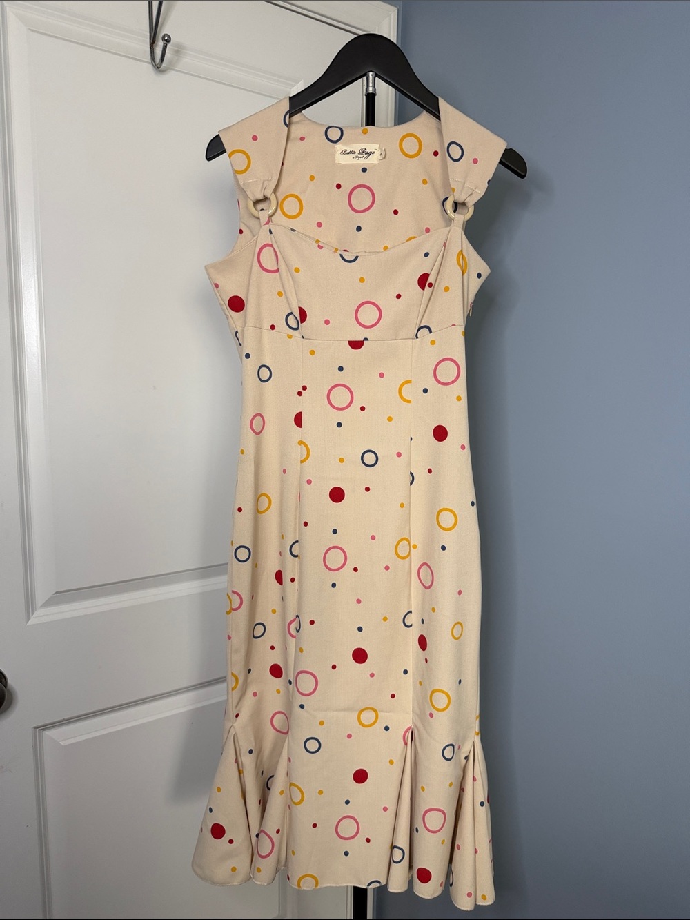 Bettie Page Cream Midi Dress with Red, Yellow, Pink & Navy Polka Dots